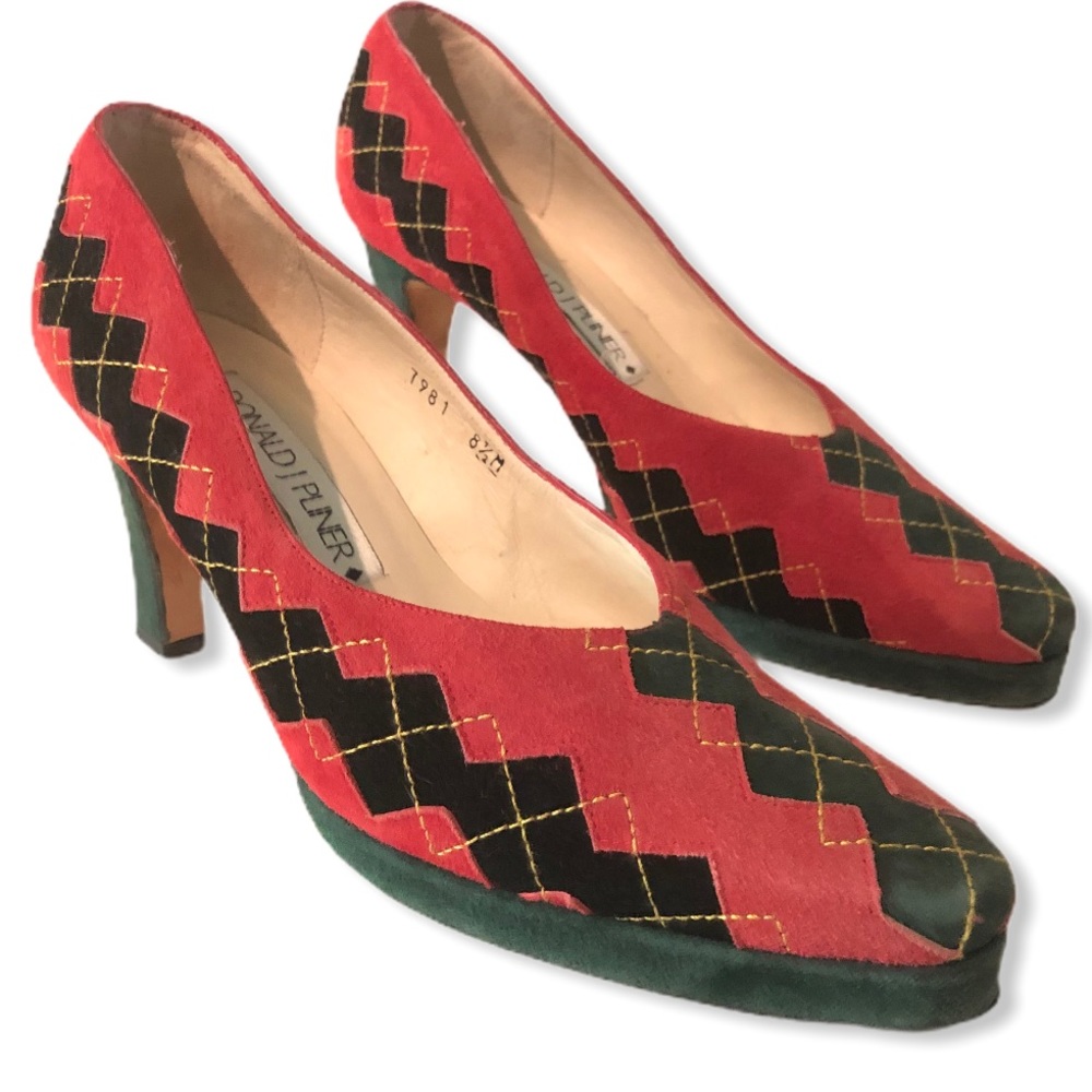 Pliner Iconic Harlequin Jewel Tone Diamond Pattern Handmade Leather Sole Pumps